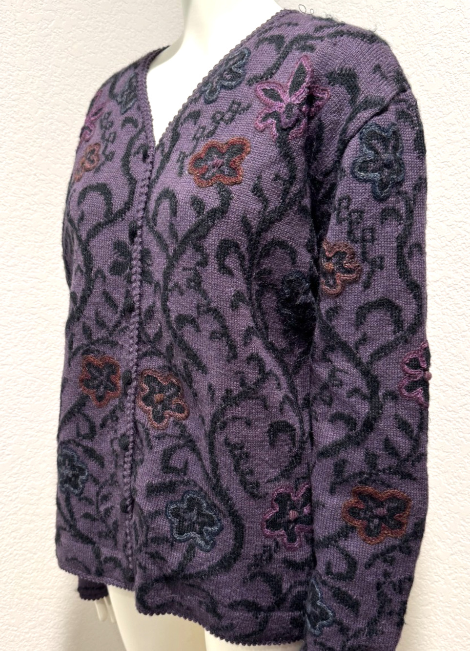 Caamano Hand Knit Sweater Jacket Alpaca Womens L Peru Purple Embroidered Lined